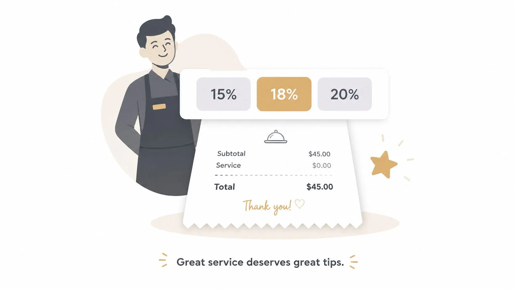A digital illustration of a smiling waiter next to a restaurant bill with tip percentage options.