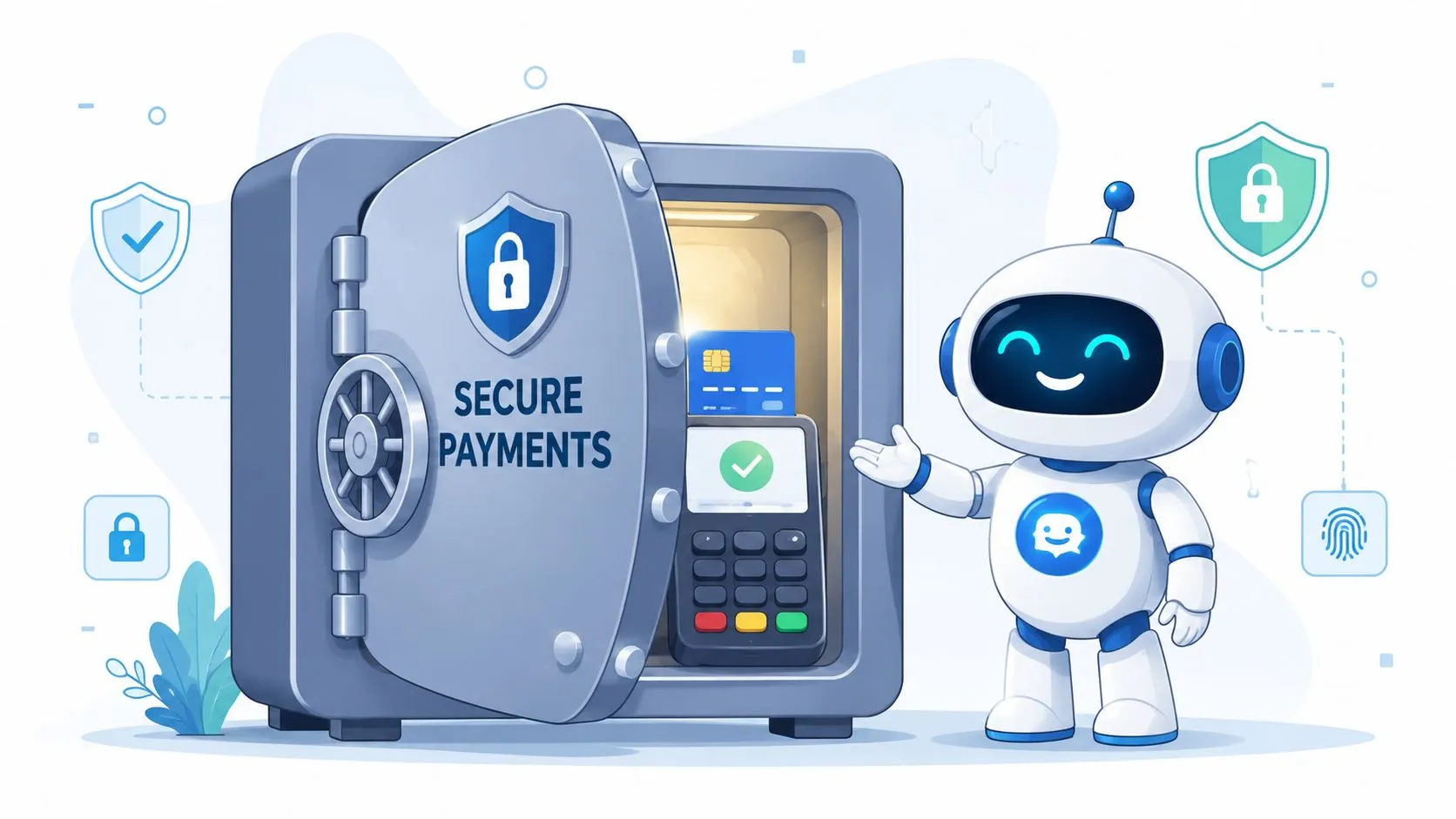A friendly white robot standing next to an open safe containing a credit card and payment terminal.