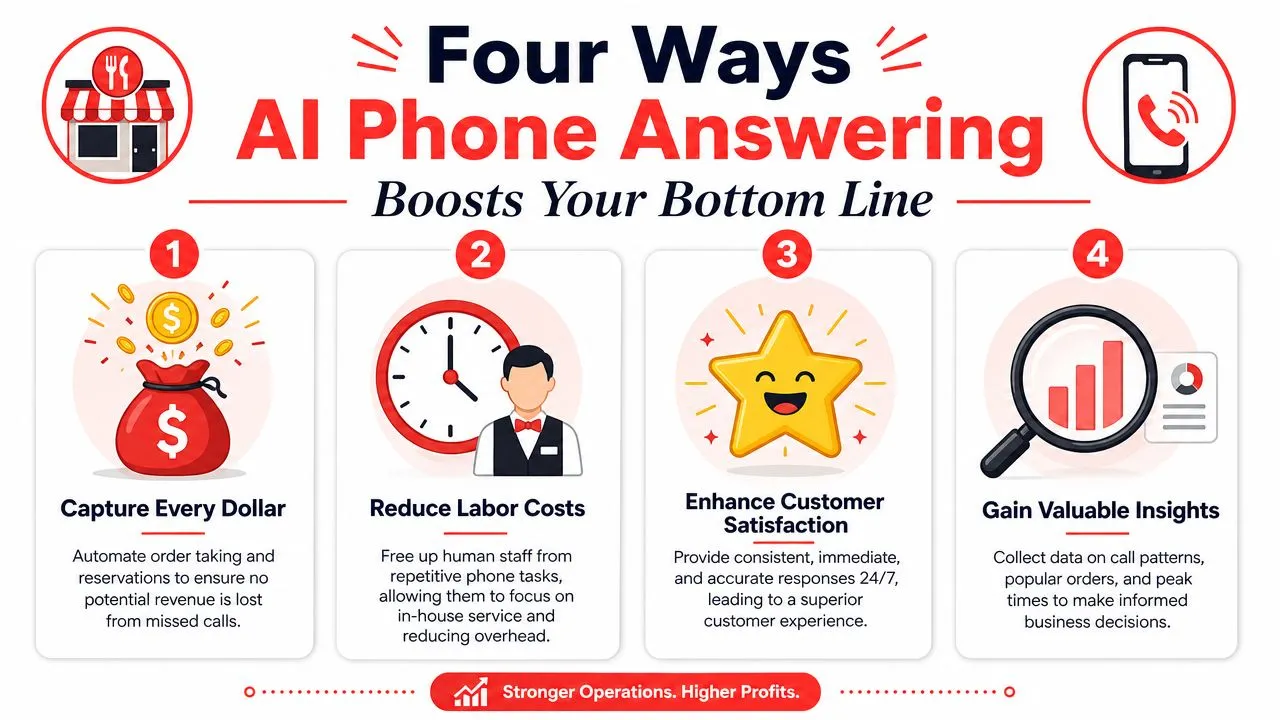 An infographic detailing four key business benefits of implementing an AI phone answering system for restaurants.