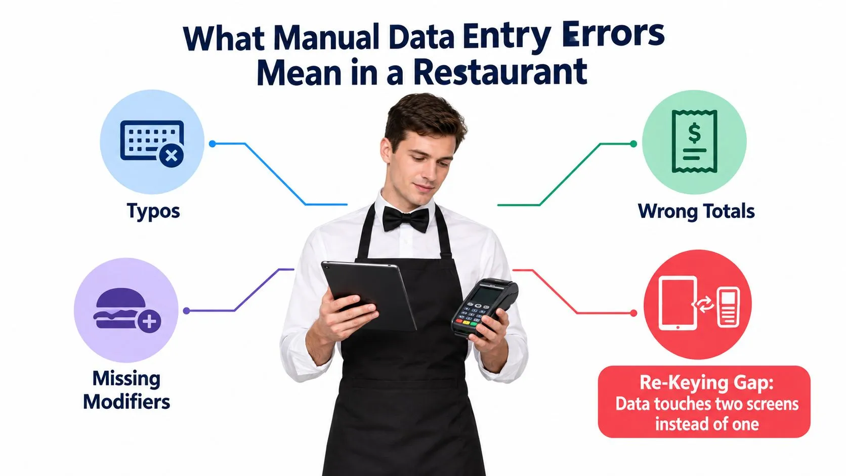 A waiter holding a tablet and payment terminal illustrating common manual data entry errors in restaurants.