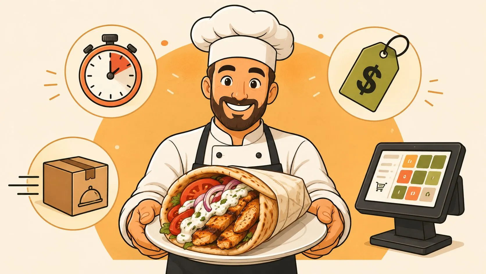 Illustration of chicken and gyro dishes with marinade, prep tools, and POS system for restaurant menu setup.