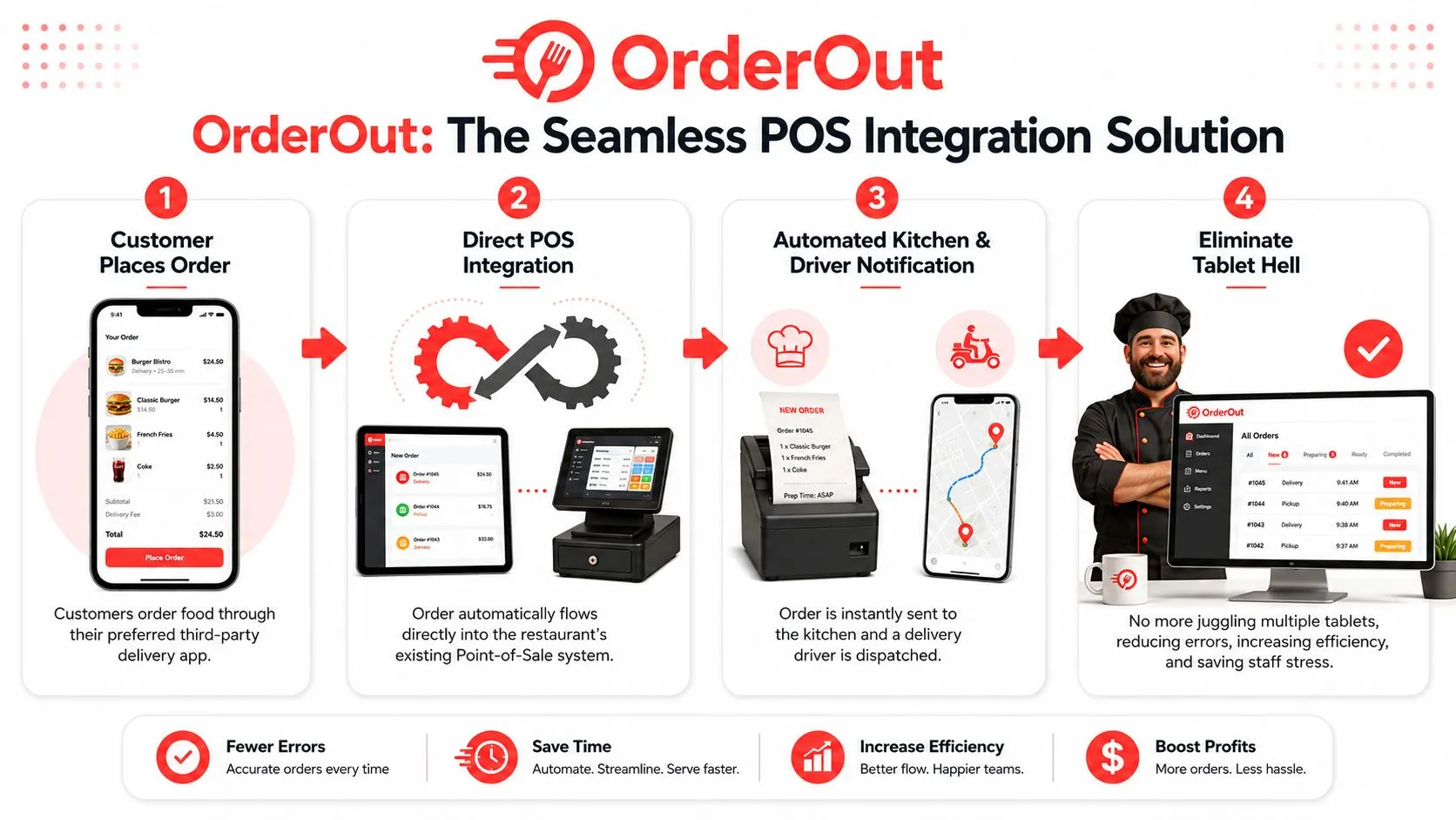An infographic illustrating how OrderOut integrates third-party food delivery services directly into restaurant POS systems for efficiency.
