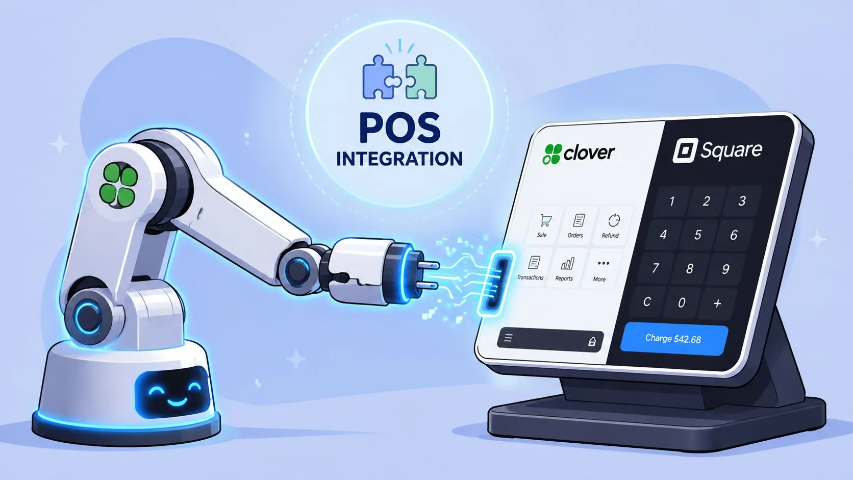 A robotic arm integrating Clover and Square POS systems for an AI phone answering service platform.