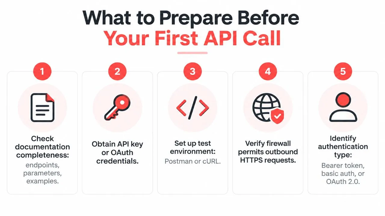 A numbered list graphic detailing five essential steps to prepare before making your first API call.