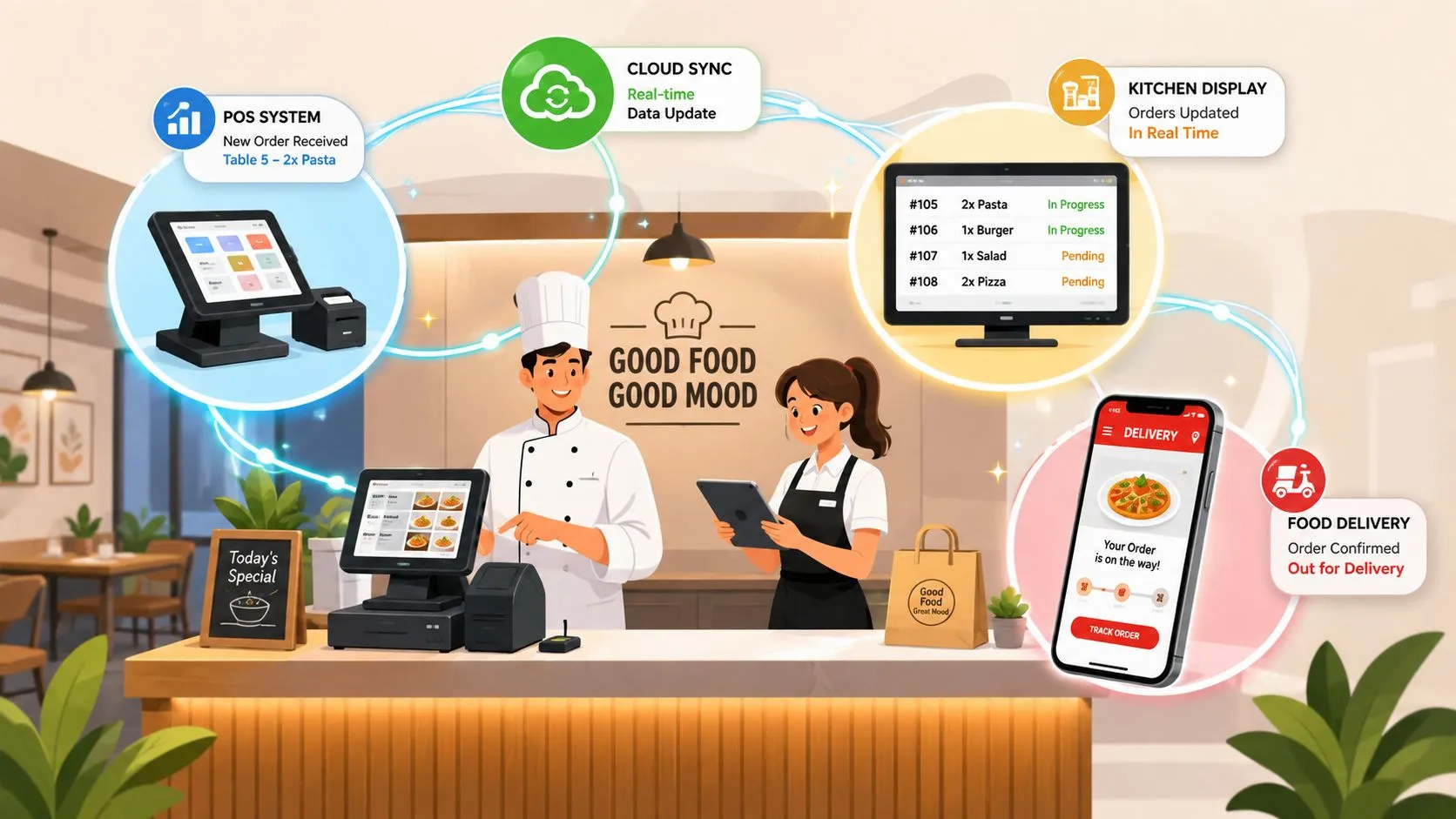 Diagram showing real-time integration between delivery apps and POS systems for restaurants.