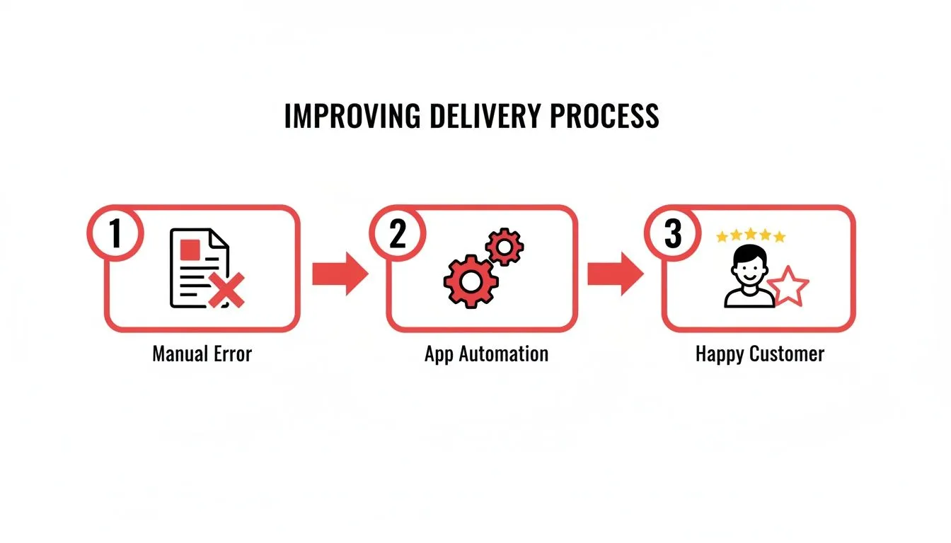 Diagram showing a three-step process: manual errors, app automation, leading to a happy customer.