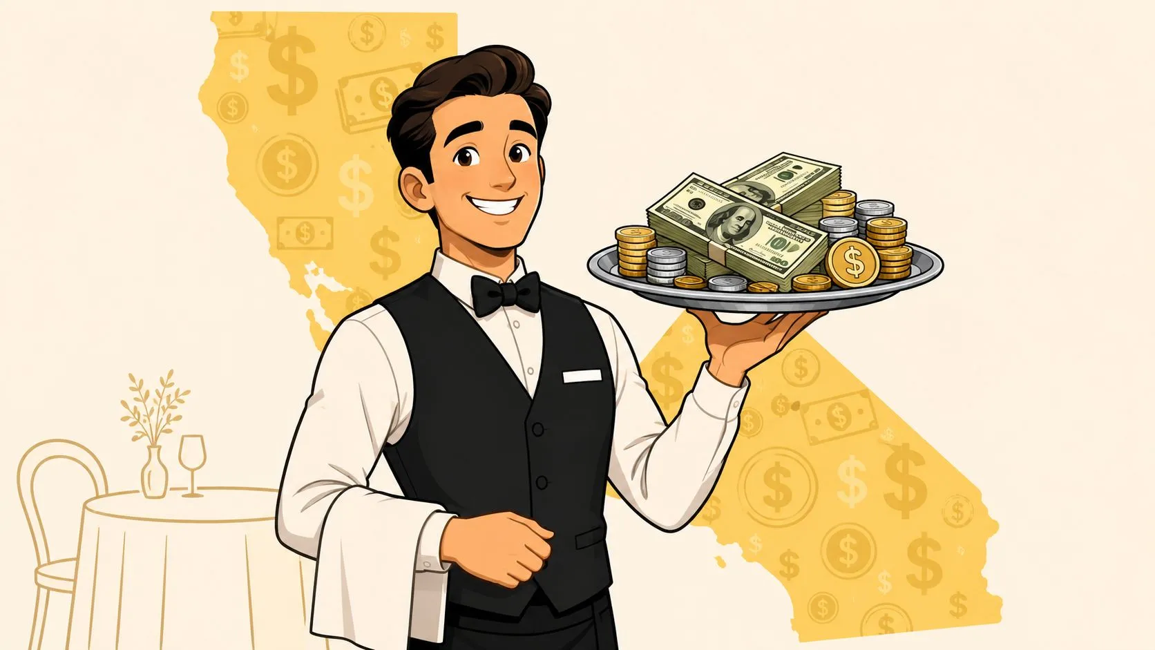 Graph showing projected waiter wages and tips in California cities for 2026.
