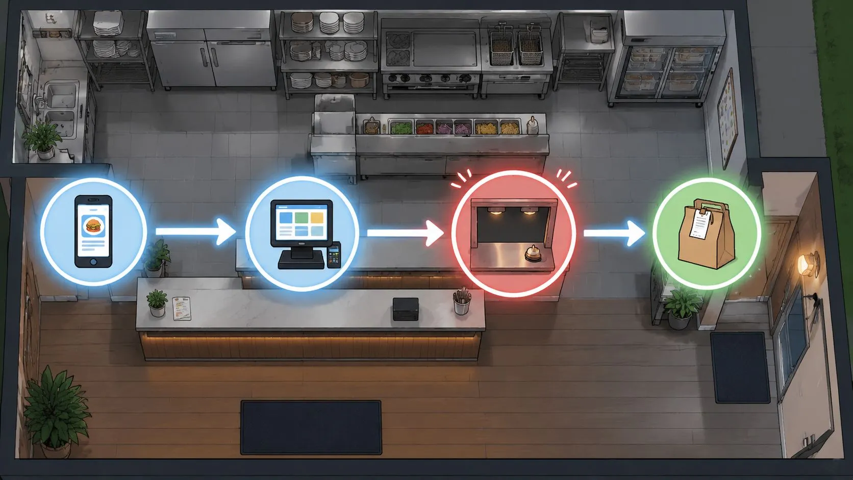 A digital illustration showing a four-step food ordering process from mobile phone to final delivery bag.