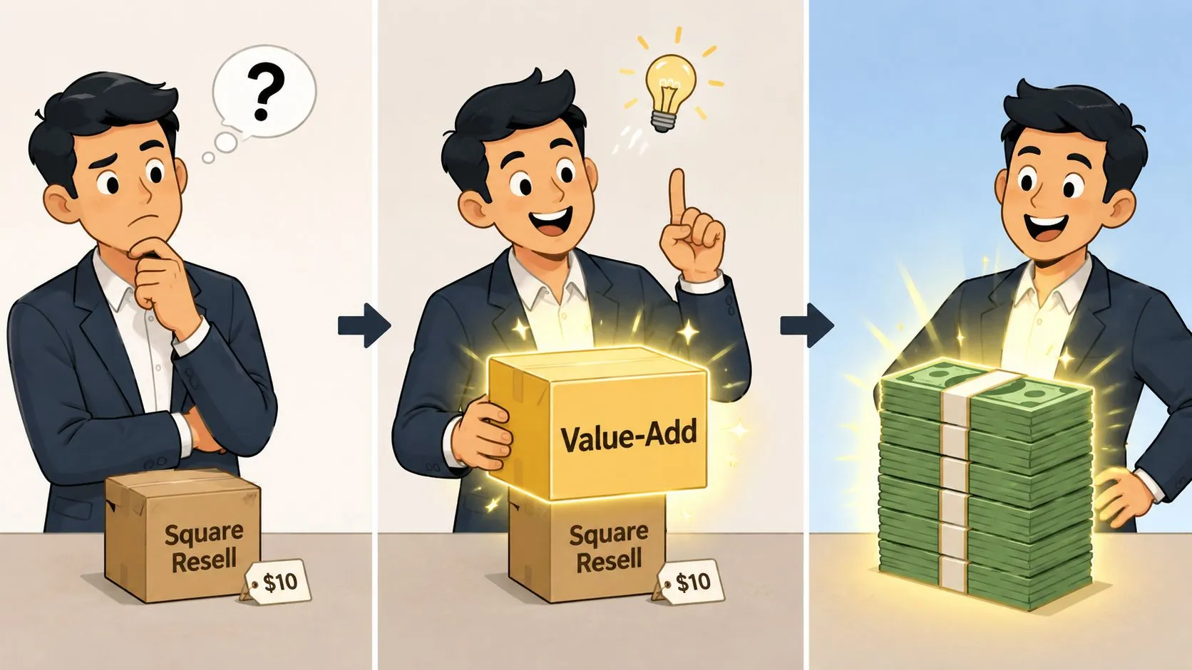 A businessman transitions from selling a low-value product to creating significant profit through value-add strategies.
