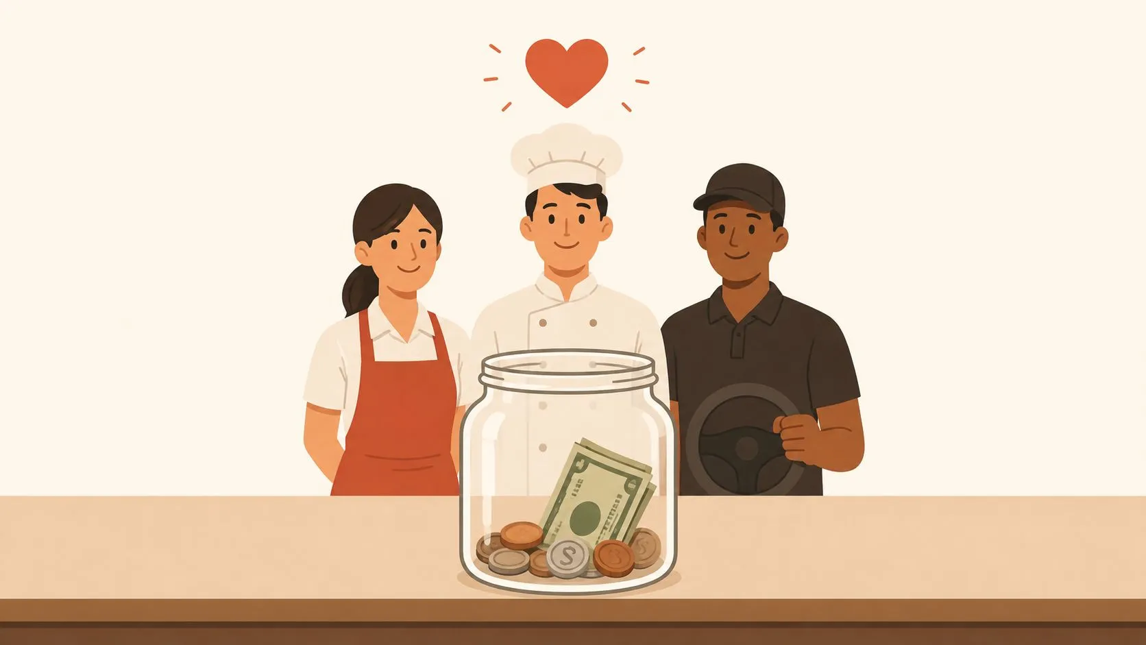 A waitress, a chef, and a delivery driver smiling behind a tip jar with money inside.