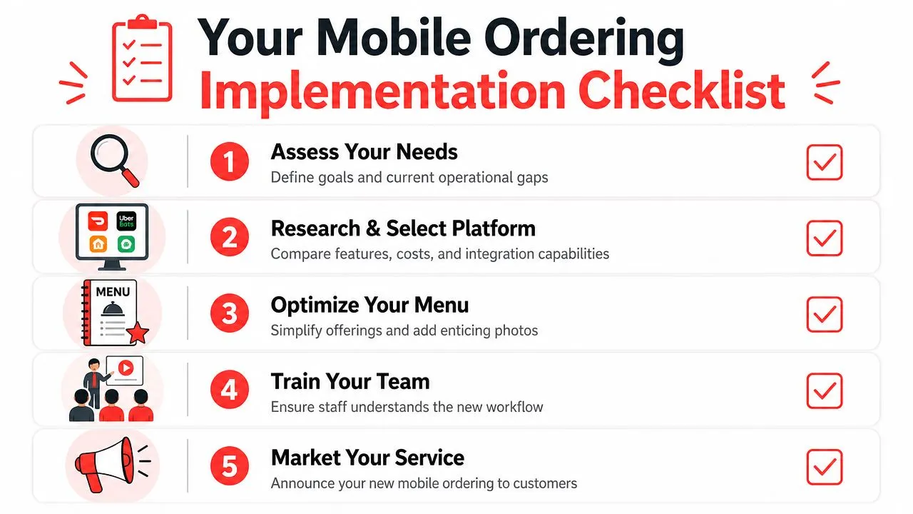 A checklist infographic illustrating the five essential steps for businesses to implement mobile ordering services.