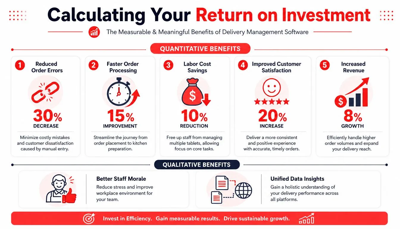 An infographic showing quantitative and qualitative benefits of using restaurant delivery management software for businesses.