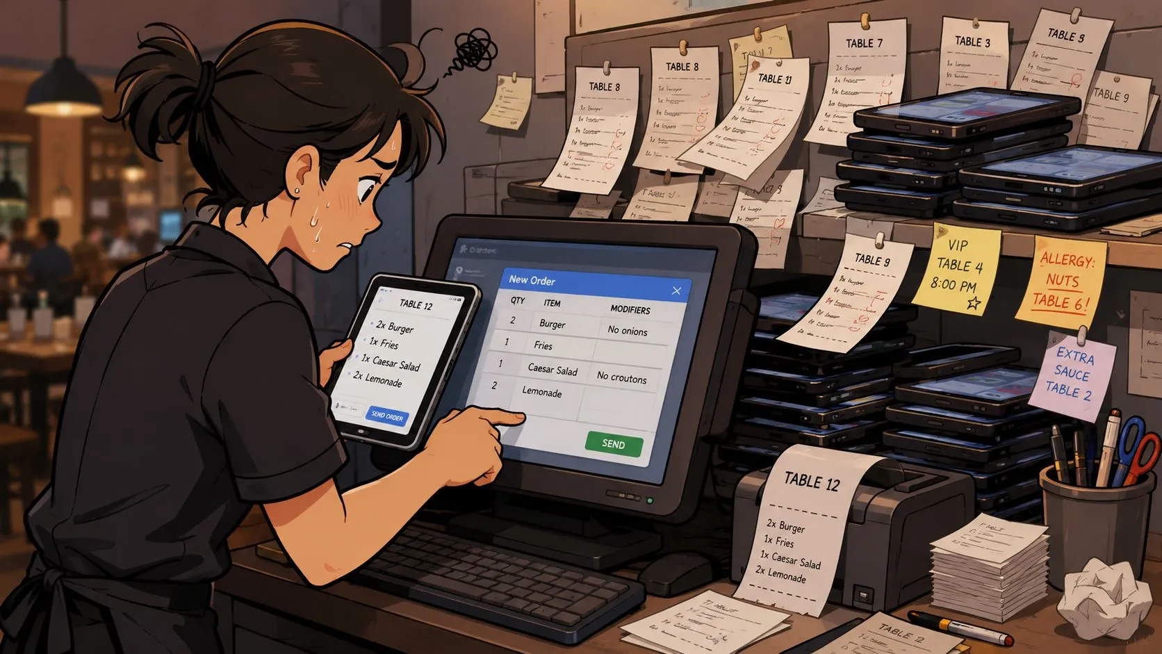 A stressed server manages multiple digital and paper orders at a busy restaurant point-of-sale station.