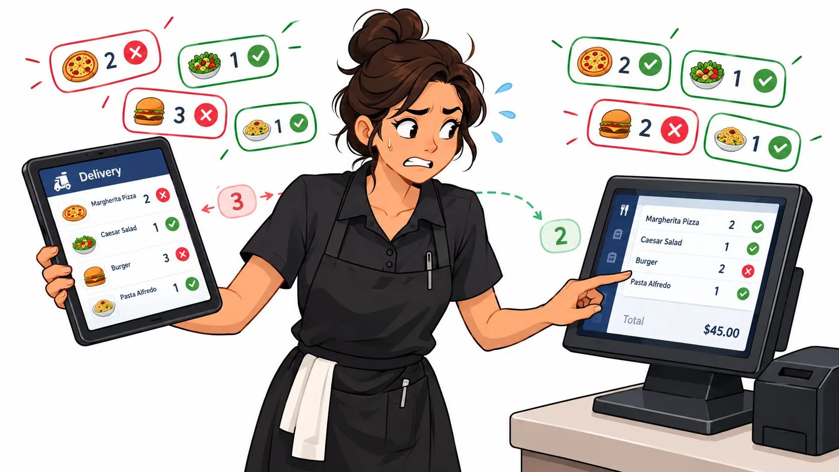 Illustration showing a restaurant staff member frustrated by data entry errors on a computer screen.