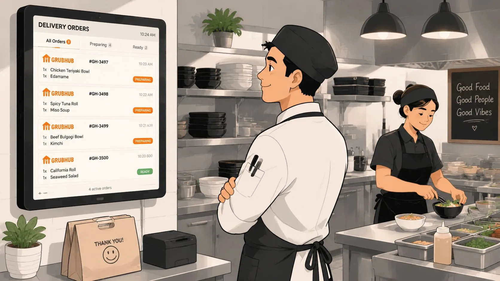 A professional chef observes a digital Grubhub order display screen in a busy, modern restaurant kitchen.