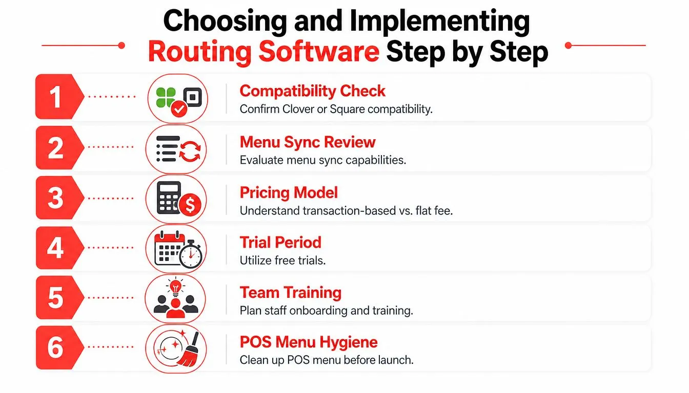 A six-step infographic detailing the process of choosing and implementing restaurant order routing software systems.