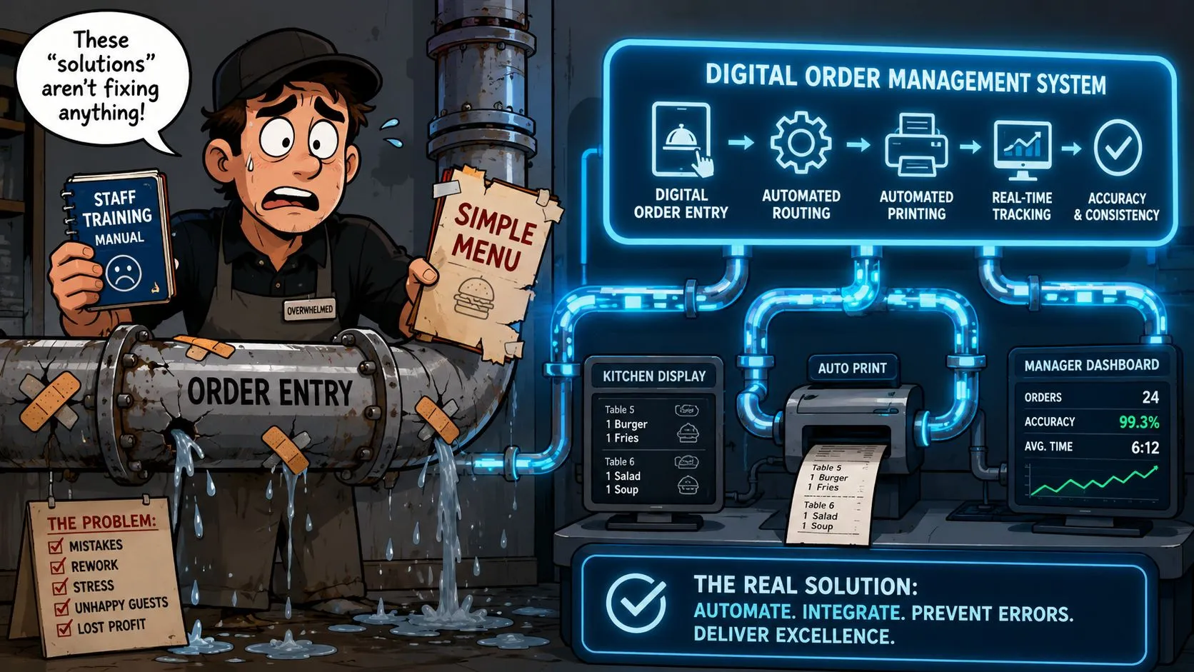 An overwhelmed restaurant worker struggling with manual order entry while a digital system provides efficient automation.