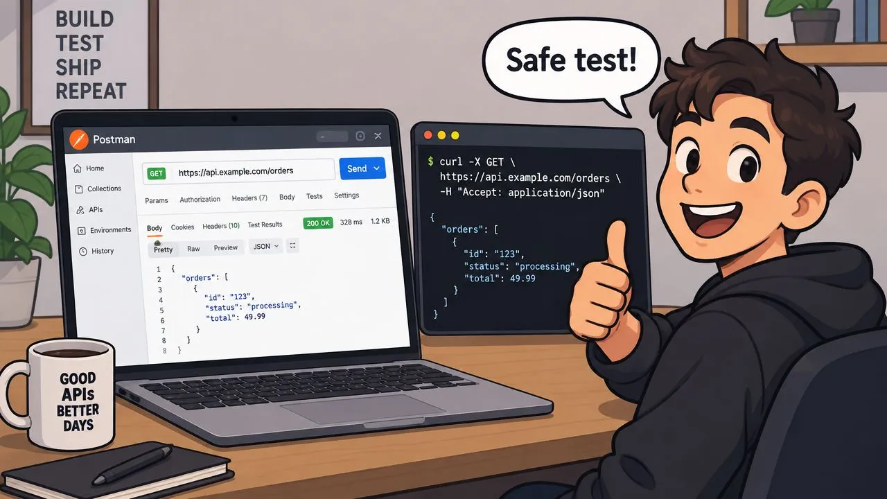 A young man giving a thumbs up while working on API testing using Postman and cURL commands.