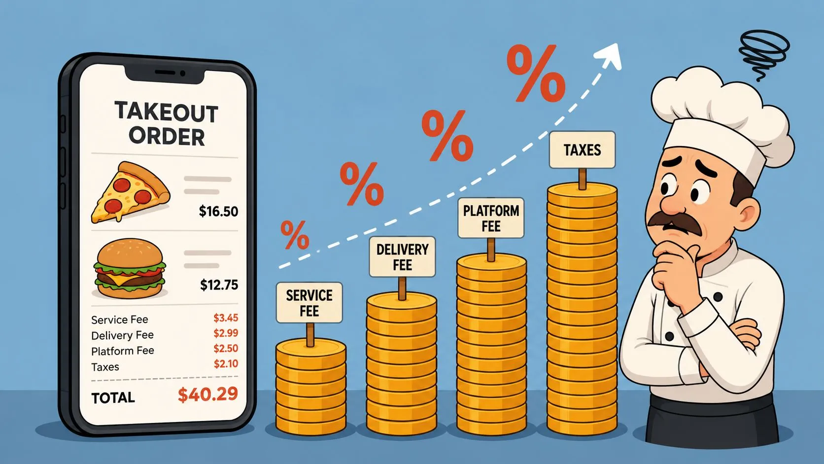 Diagram illustrating delivery app fees, including commissions, service charges, and marketing costs for restaurants.