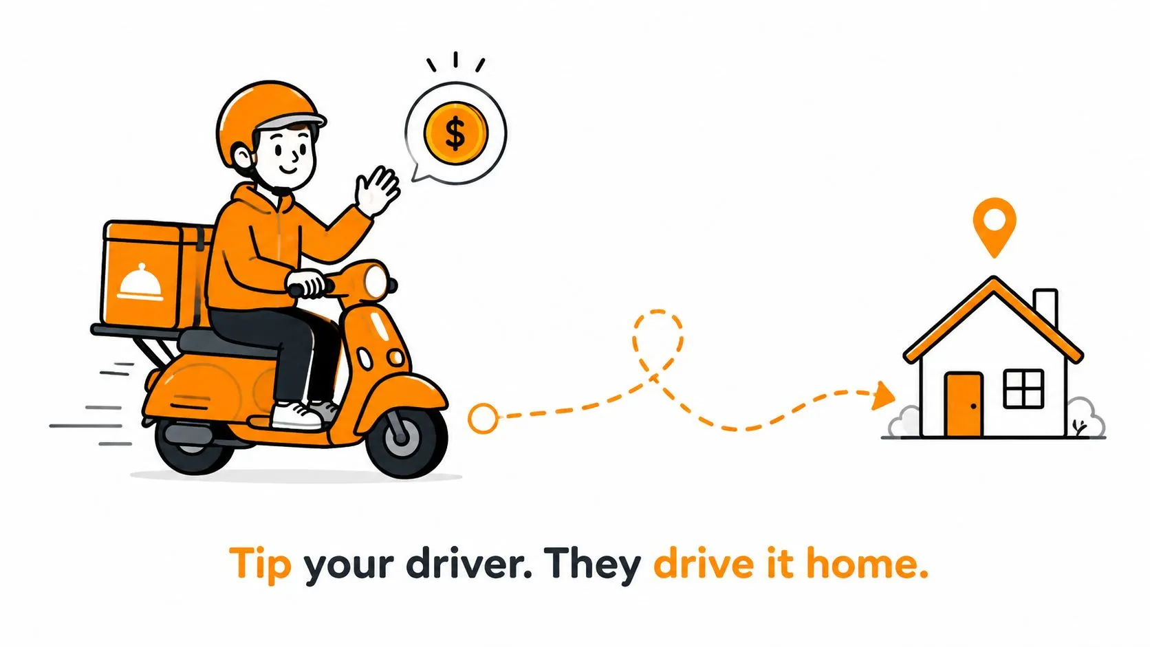 A food delivery driver on a scooter with a tip icon, encouraging customers to tip their drivers.