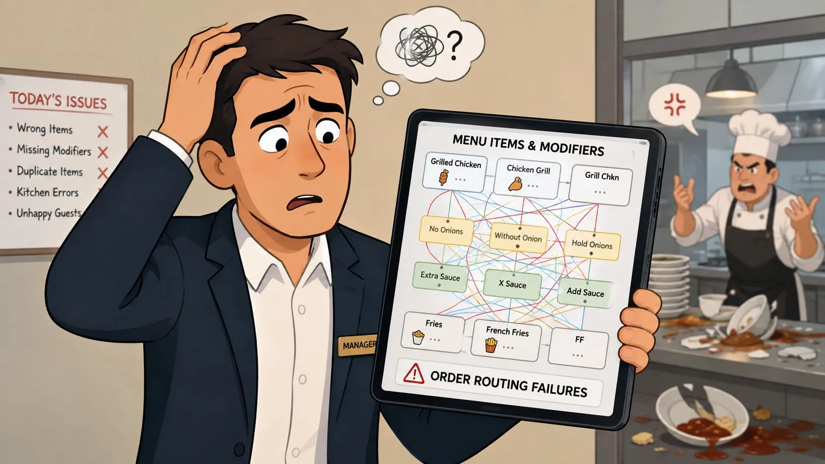 A confused restaurant manager holds a tablet displaying complex order routing software issues in a busy kitchen.