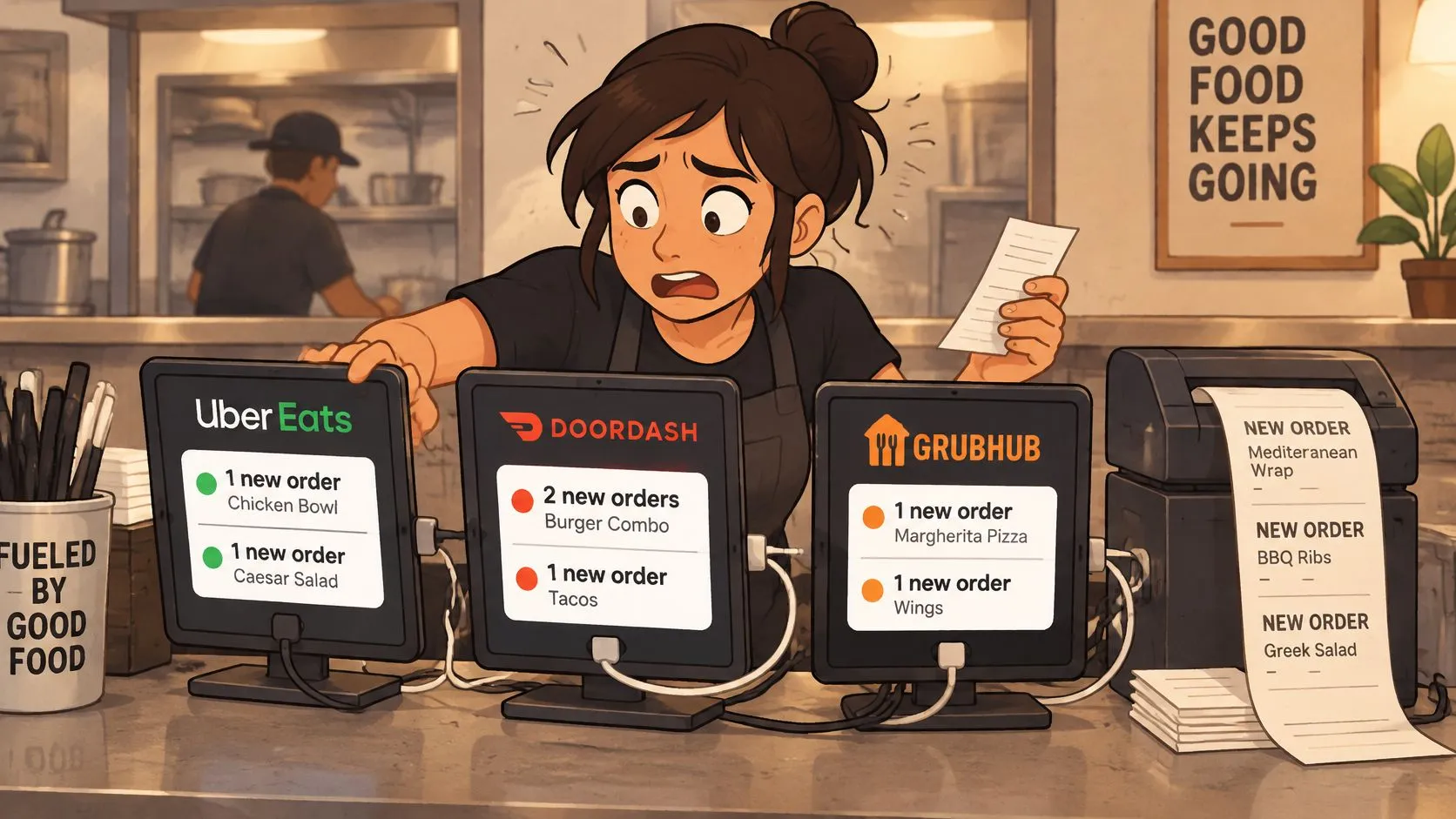 A stressed restaurant worker managing multiple digital delivery tablets for Uber Eats, DoorDash, and Grubhub during orders.