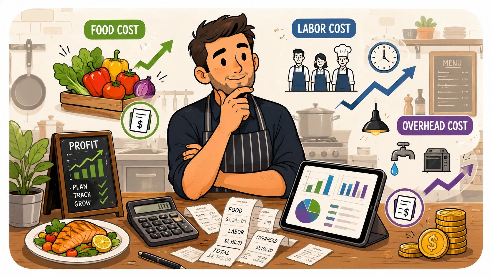 Graph illustrating key components of restaurant cost analysis: food cost, labor, prime cost, and channel margins.