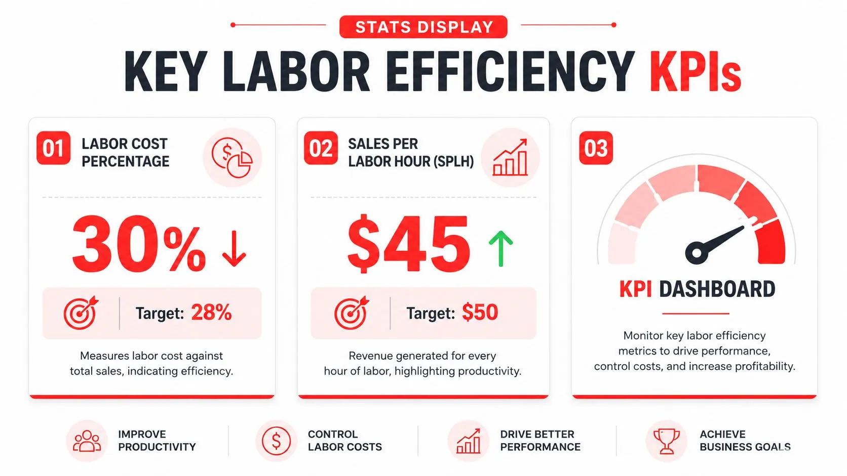 A graphic showing key labor efficiency KPIs, including labor cost percentage and sales per labor hour metrics.