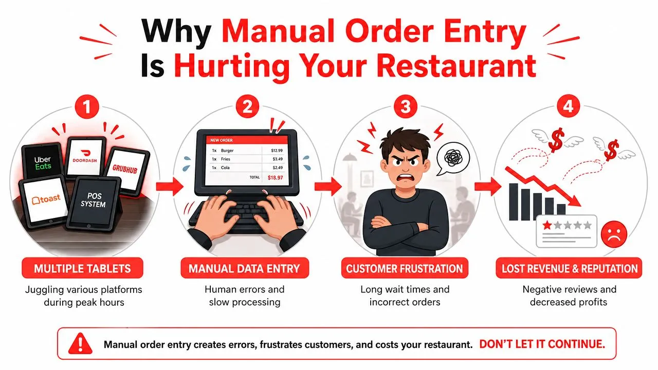 A diagram illustrating the negative business impact of manual order entry from multiple restaurant food delivery platforms.