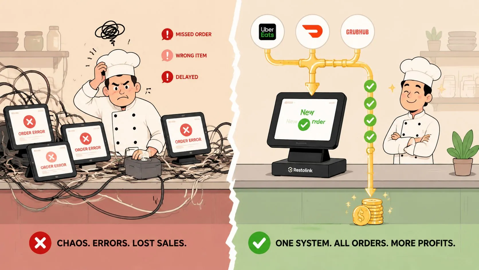 Graphic depicting restaurant staff training and POS integration to reduce order entry errors and increase profits.
