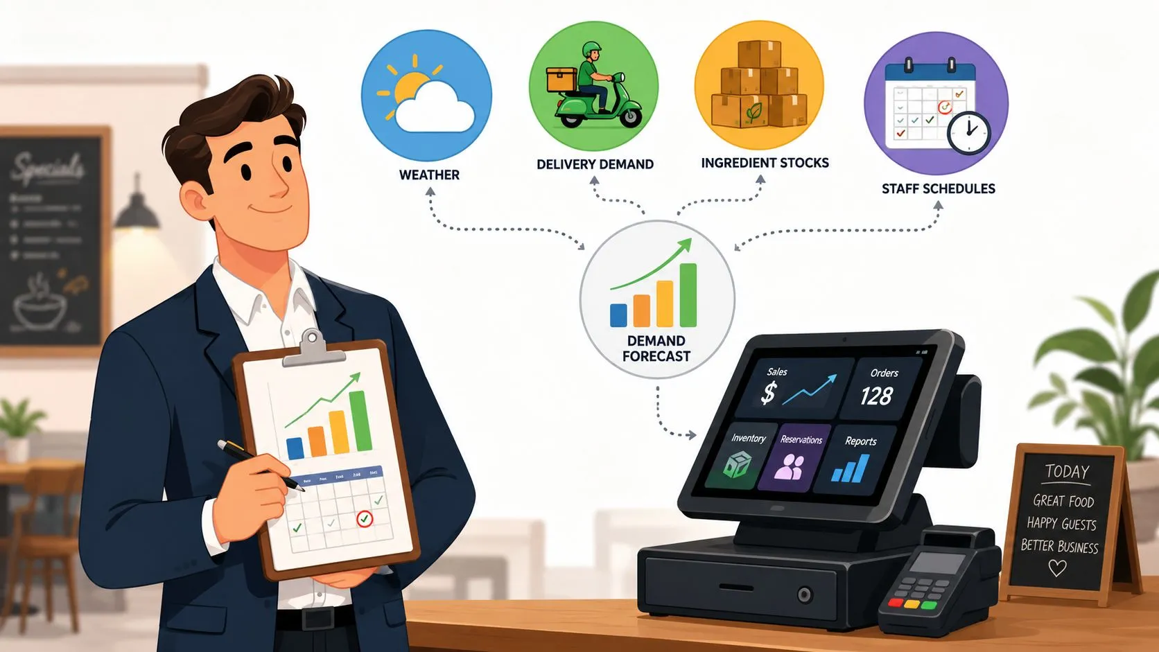 Graph illustrating restaurant demand forecasting methods and tools for optimizing operations and reducing waste.