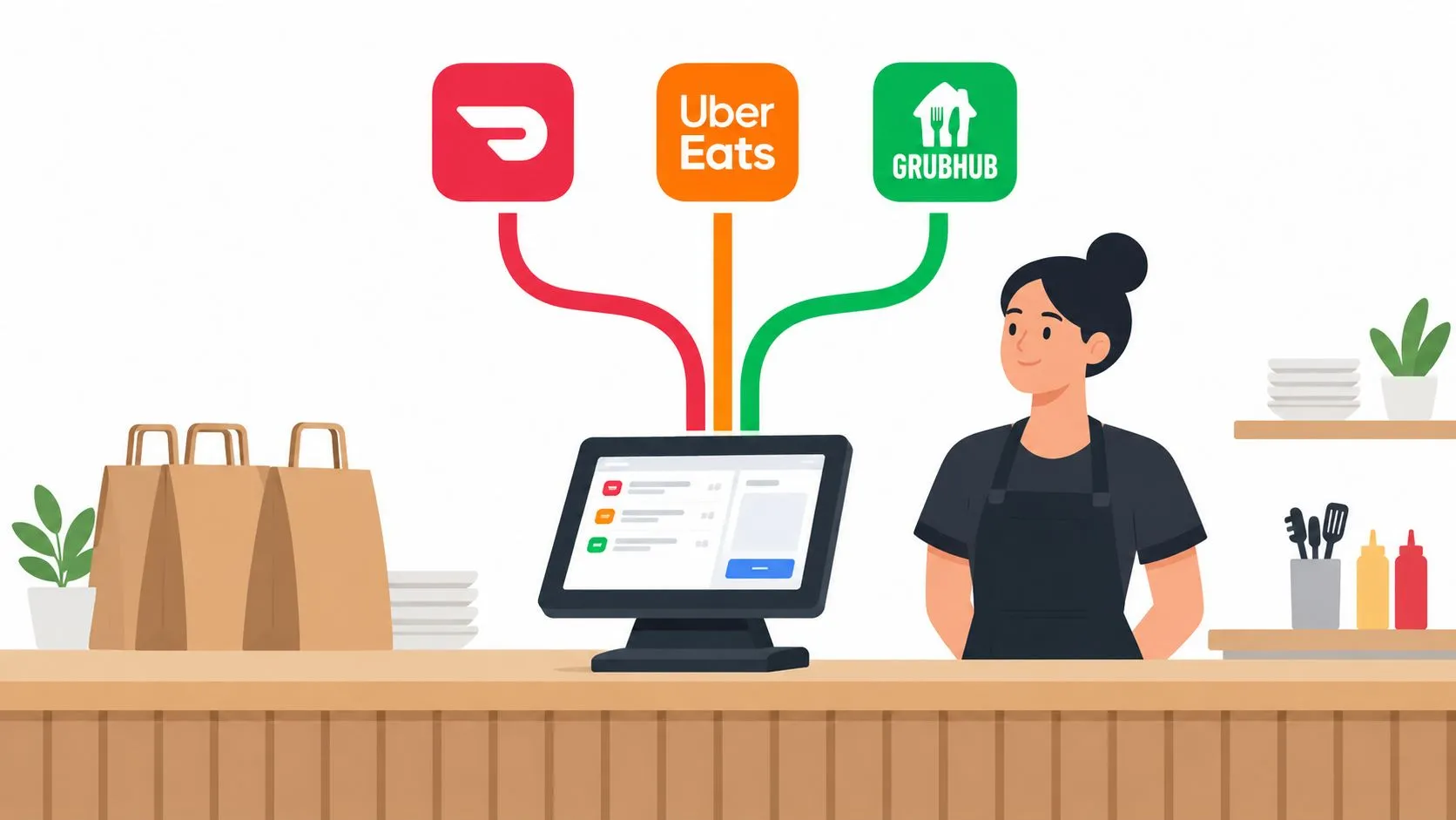 A restaurant employee standing by a POS system that integrates DoorDash, Uber Eats, and Grubhub delivery services.