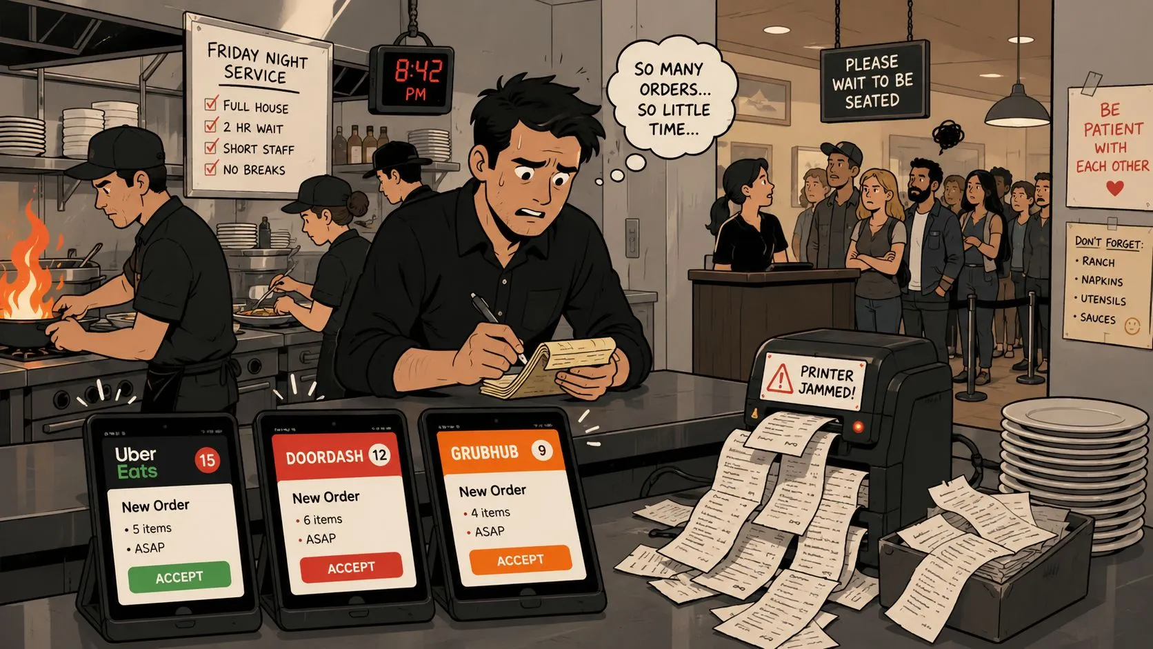 Stressed restaurant manager overwhelmed by food delivery app orders and a jammed kitchen printer during rush hour.