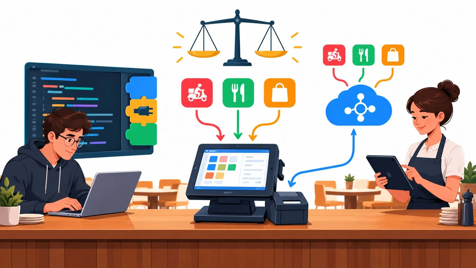 Comparison of build vs buy software for restaurants, highlighting cost, time, maintenance, and risk factors.