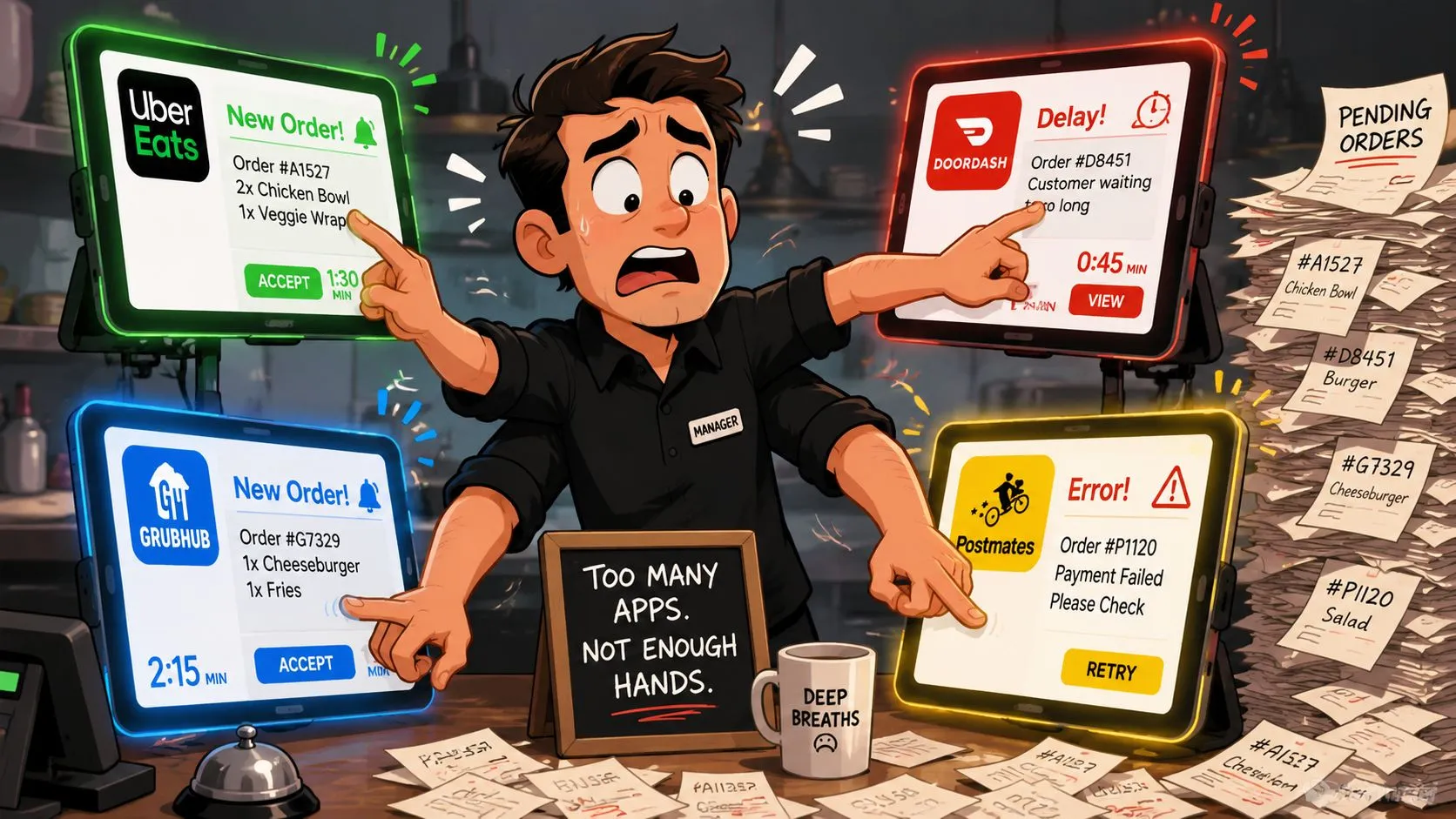 A stressed restaurant manager with four arms struggling to manage multiple delivery app tablets simultaneously.