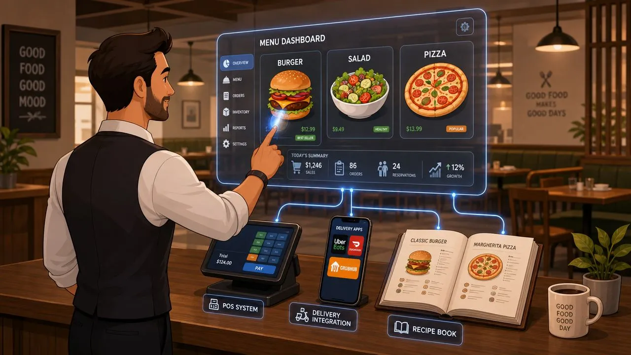 Illustration depicting menu management software interface with delivery app integration and syncing options.