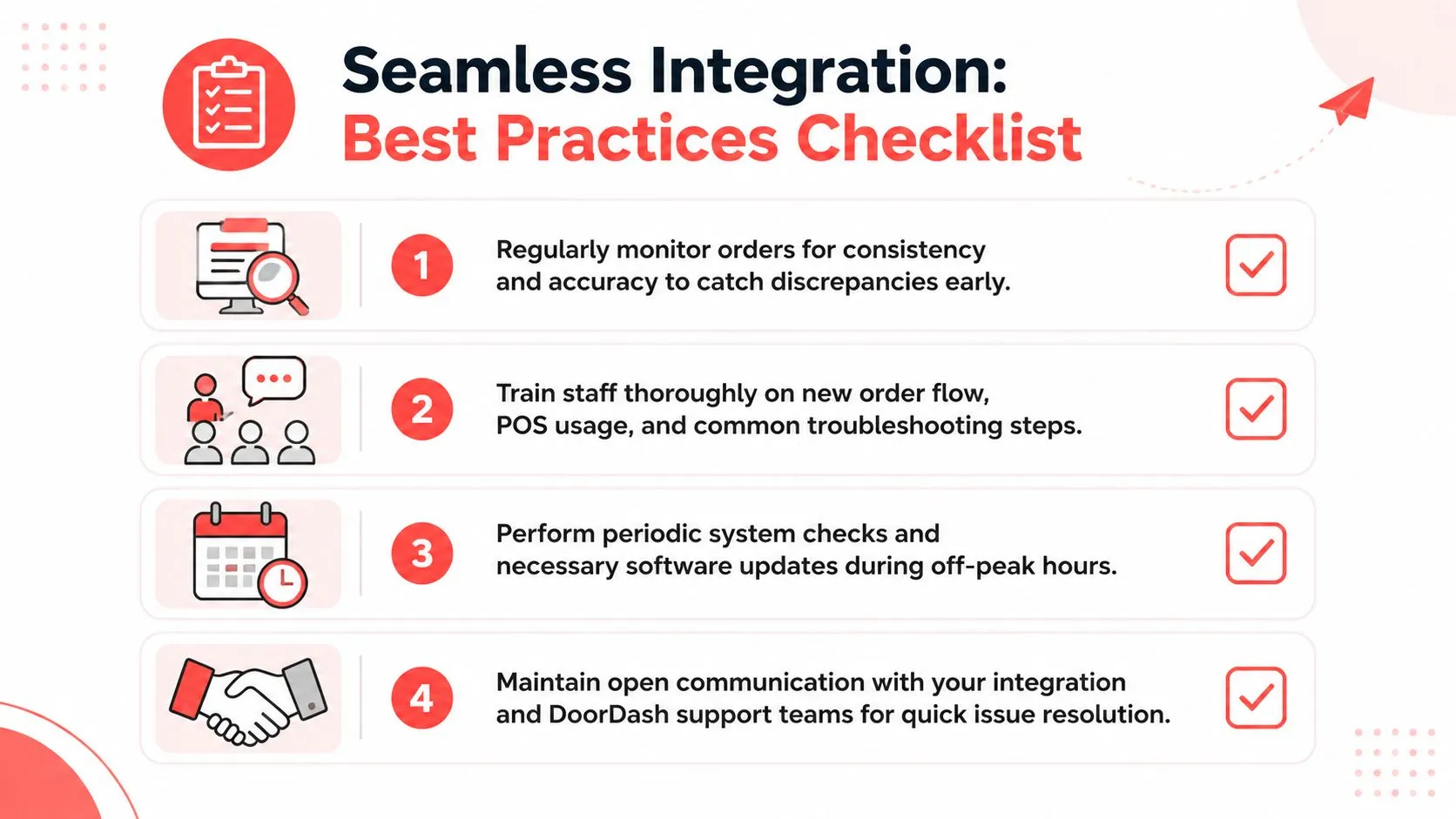 A checklist illustrating four best practices for achieving seamless integration with the DoorDash platform and POS system.