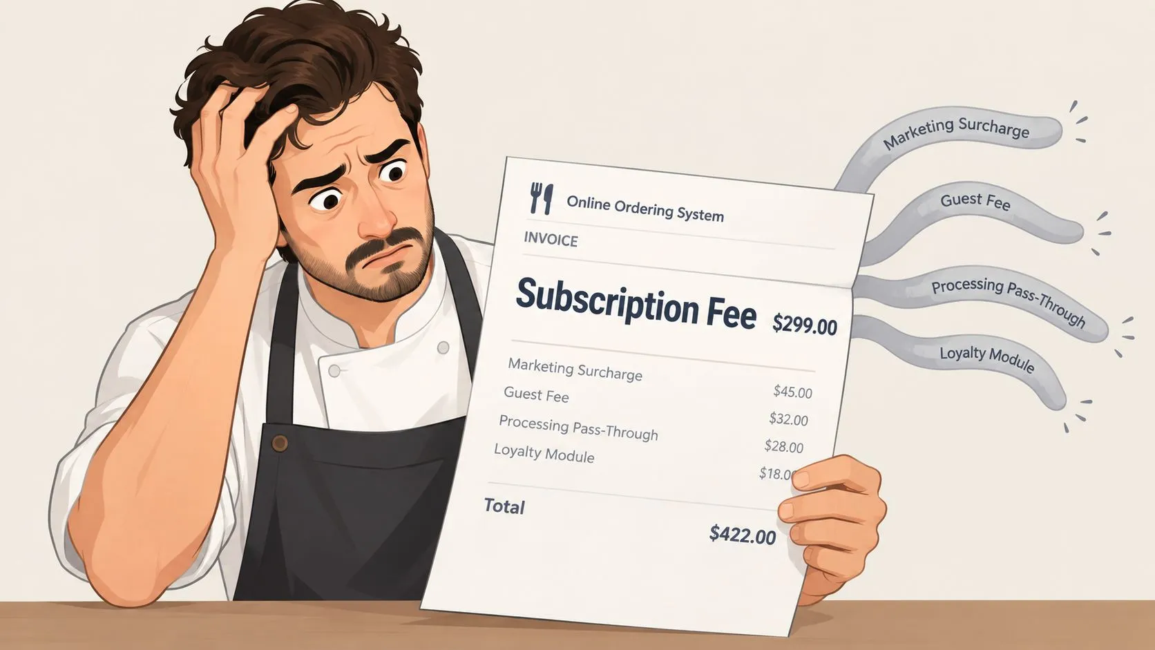 A stressed restaurant chef holding a restaurant invoice for an expensive online ordering system with hidden fees.