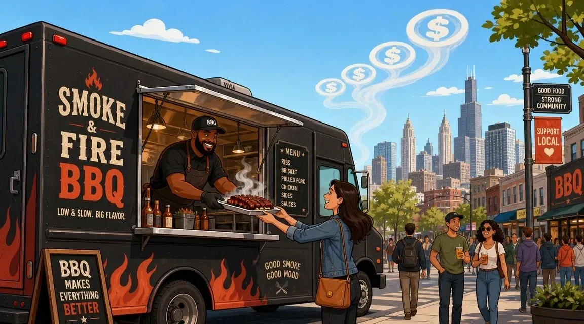 Cartoon chef planning a BBQ food truck business concept with cooking icons.