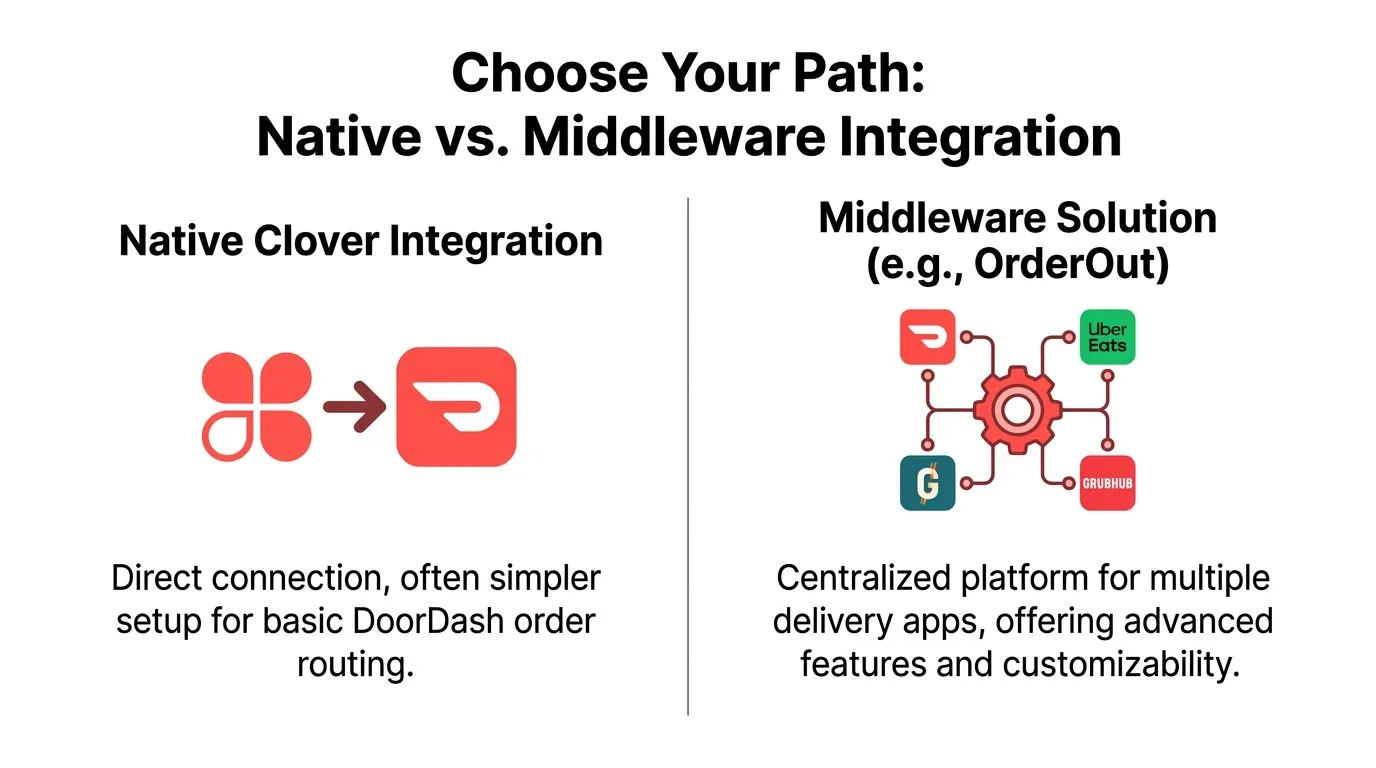 A comparison chart showing Native Clover integration versus Middleware solutions for restaurant delivery app order management systems.