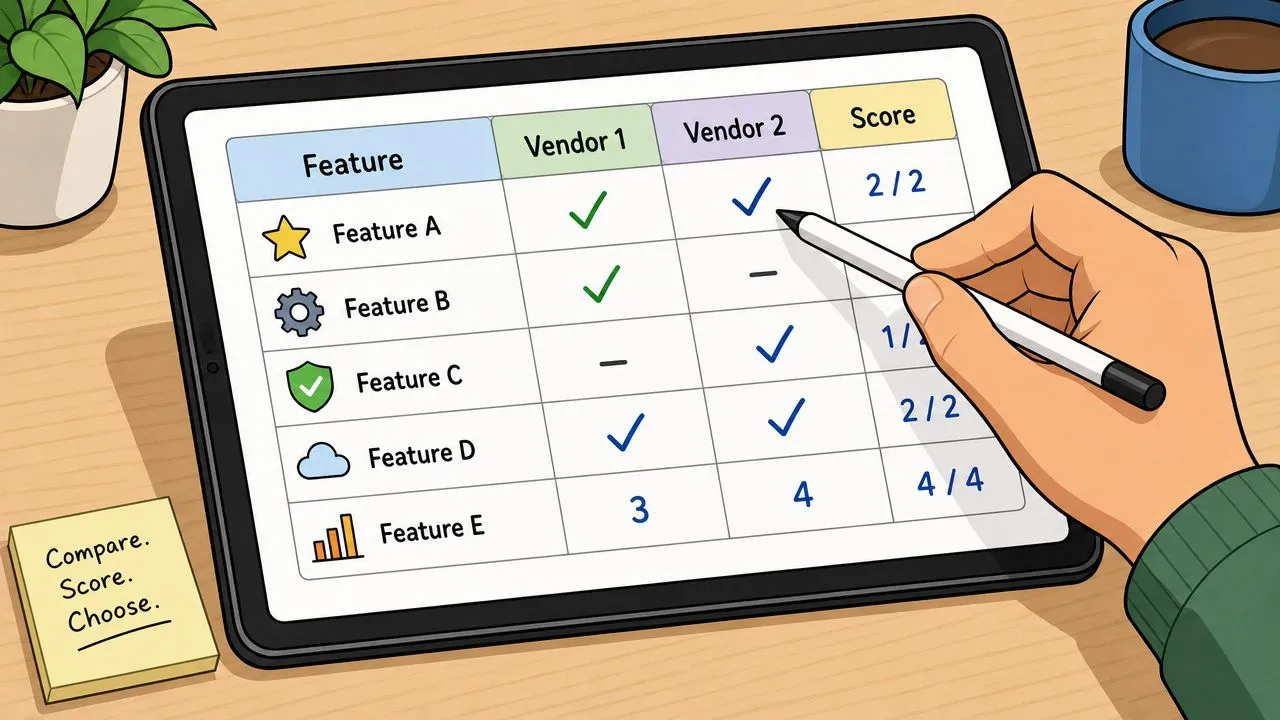 A person using a stylus to complete a vendor comparison table on a tablet screen.