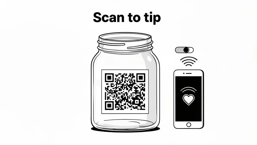 Illustration of a glass jar with a QR code and a smartphone, demonstrating 'Scan to tip' functionality.