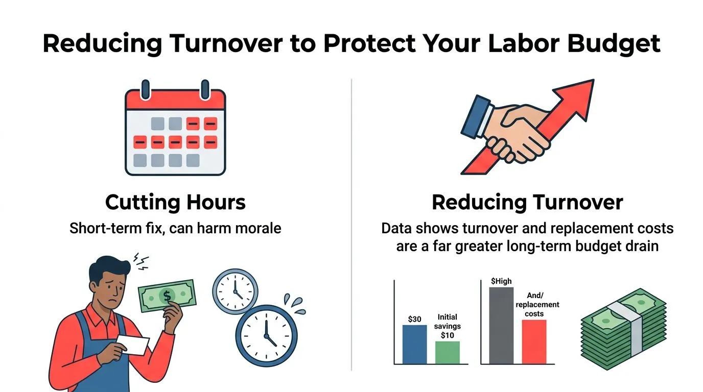 An infographic illustrating that reducing employee turnover is more cost-effective than cutting staff working hours.