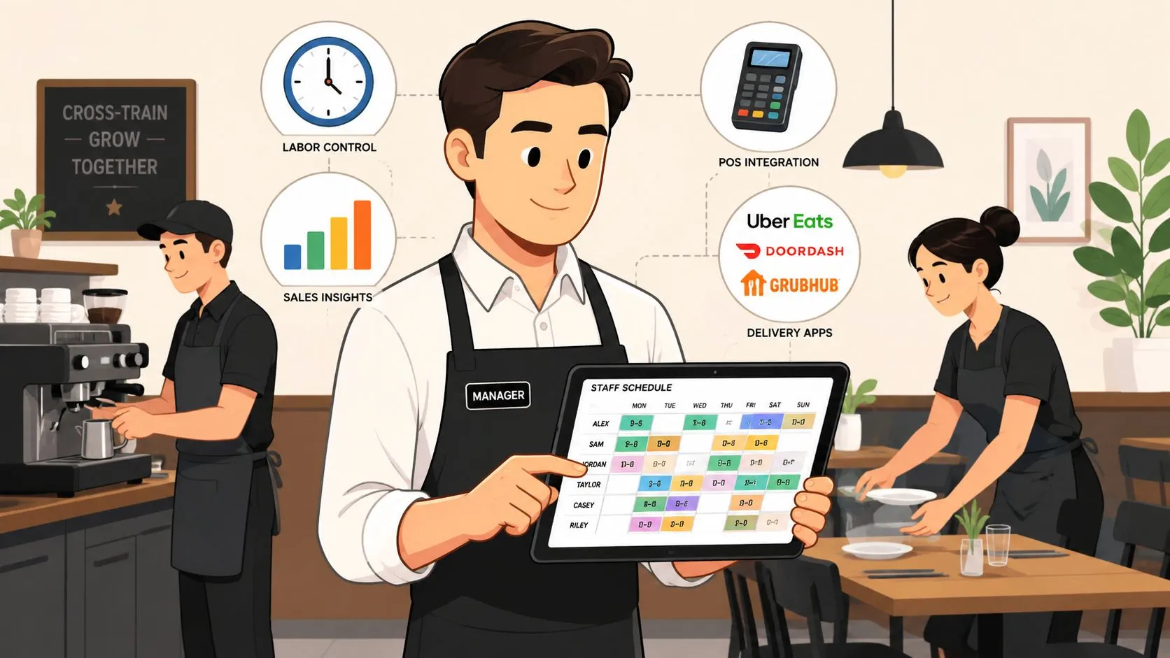 Illustration depicting restaurant staff using technology for labor management and scheduling efficiency.