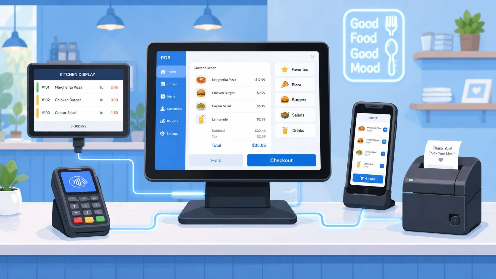 A modern restaurant point of sale system with a touchscreen display, card terminal, tablet, and receipt printer.