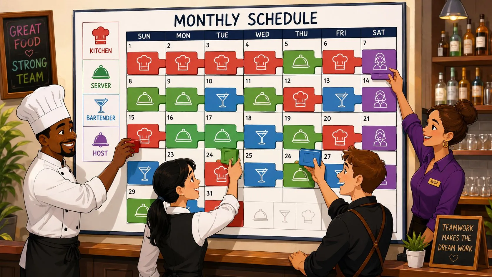 Diverse restaurant staff collaborating to organize a monthly schedule board on a wall in a restaurant.