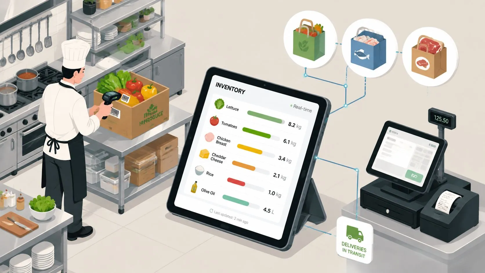 Illustration showing a restaurant manager using an online inventory system on a tablet with stock data and graphs.