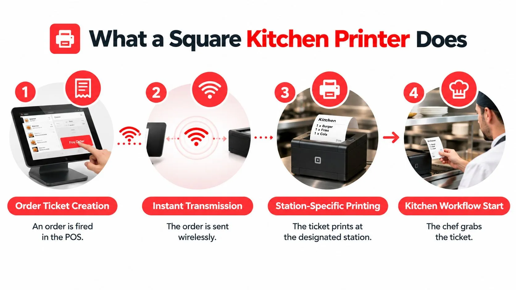 A four-step infographic illustrating how a Square kitchen printer transmits and prints customer orders for chefs.
