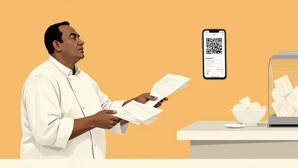 A chef holds paper receipts, looking at a smartphone with a QR code, for digital receipt management.