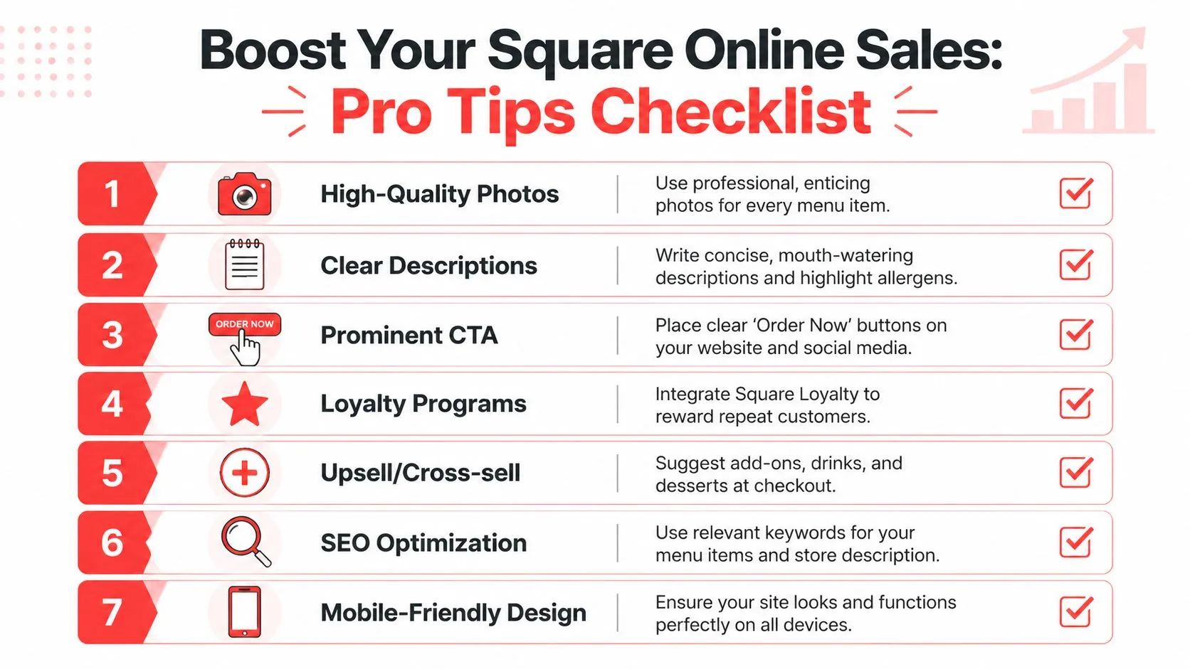 A checklist infographic titled Boost Your Square Online Sales with seven pro tips for restaurant owners.